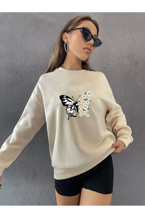 Unisex Papatya Kelebek Baskılı Tasarım Oversize Sweatshirt