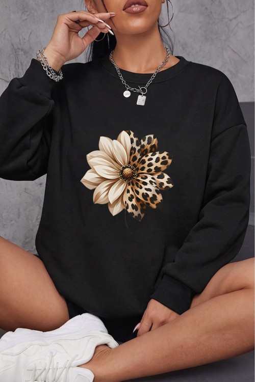 Unisex Leopar Desenli Çiçek Baskılı Bisiklet Yaka Sweatshirt