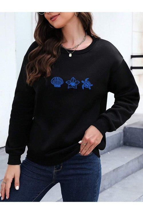 Unisex Deniz Kabukları Tasarım Basklı Bİsiklet Yaka Sweatshirt