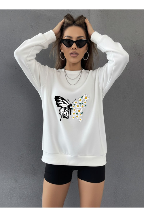 Unisex Papatya Kelebek Baskılı Tasarım Oversize Sweatshirt