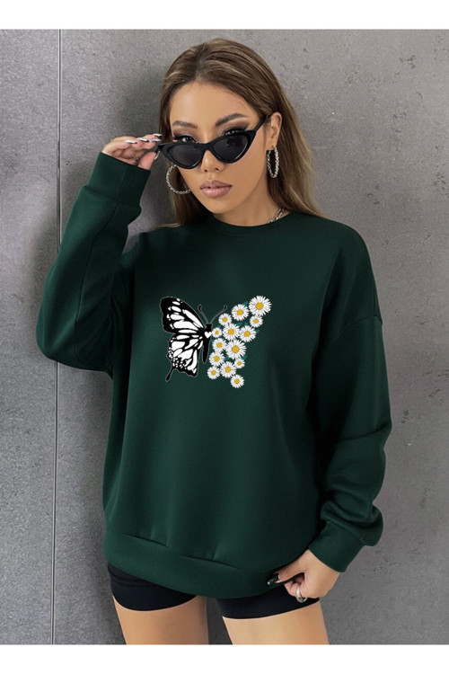 Unisex Papatya Kelebek Baskılı Tasarım Oversize Sweatshirt