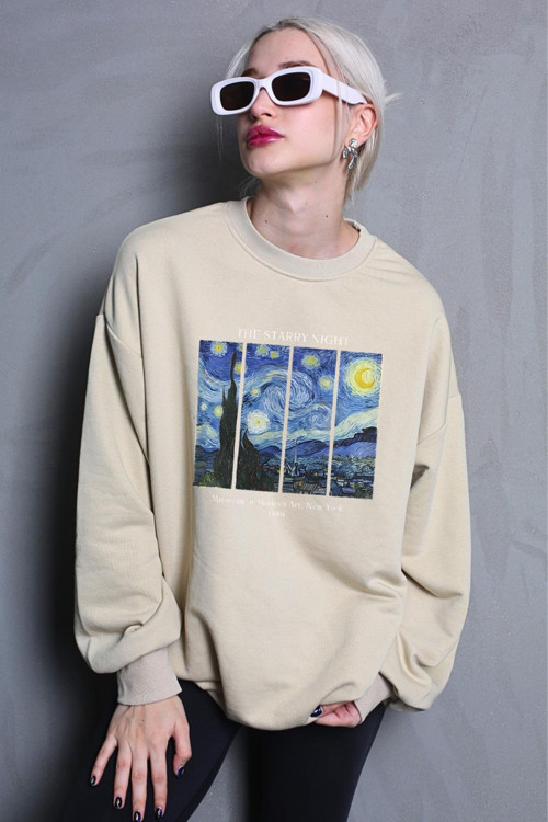 Unisex The Starry Night Baskılı Oversize Sweatshirt