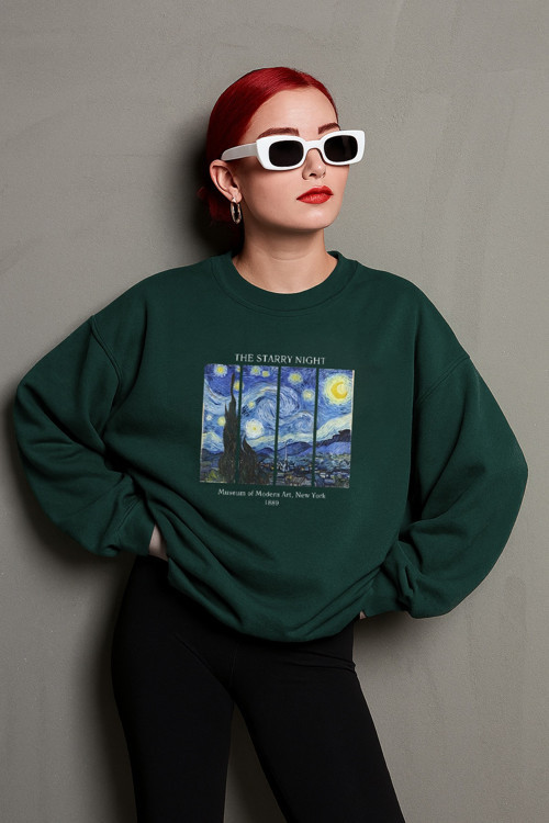 Unisex The Starry Night Baskılı Oversize Sweatshirt