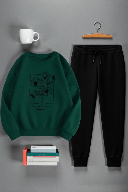 Unisex Kurdele Tasarım Baskılı Bisiklet Yaka Sweatshirt 2'li Eşofman Takımı
