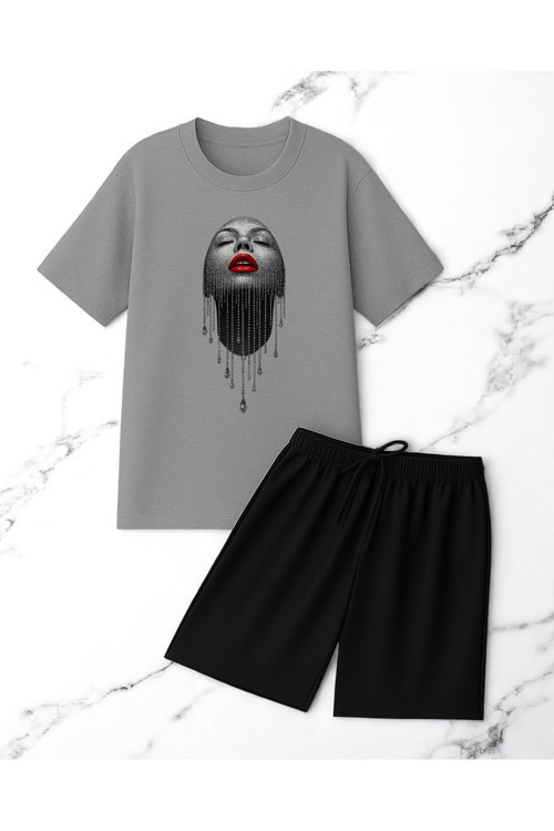 Unisex Pırlantalı Kadın Portresi Tasarım Basklı Tshirt Şort Takımı