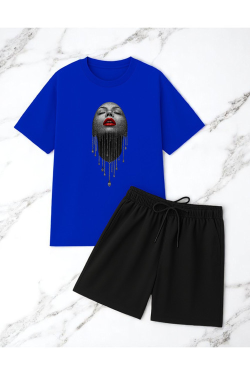 Unisex Pırlantalı Kadın Portresi Tasarım Basklı Tshirt Şort Takımı