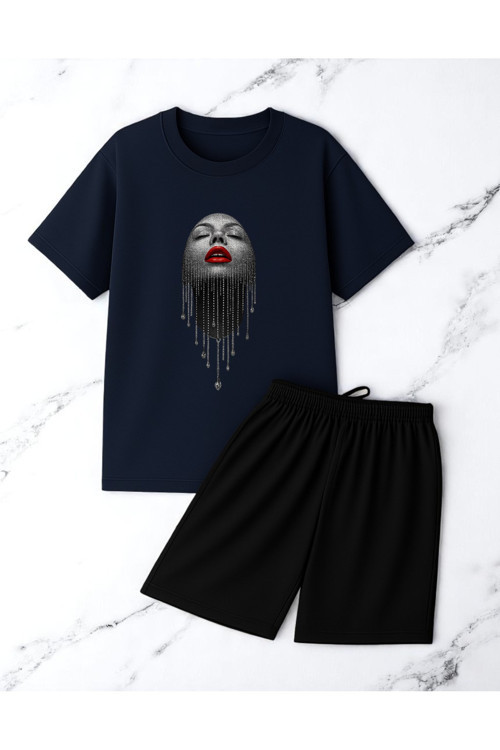 Unisex Pırlantalı Kadın Portresi Tasarım Basklı Tshirt Şort Takımı