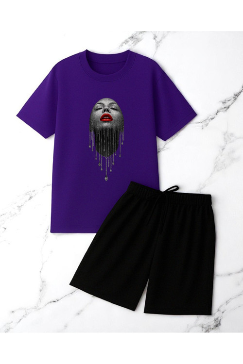 Unisex Pırlantalı Kadın Portresi Tasarım Basklı Tshirt Şort Takımı