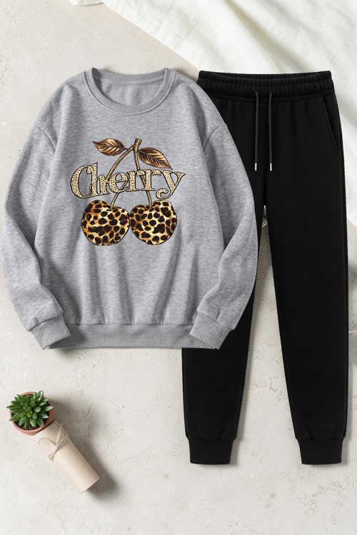Unisex Leopar Desenli Kiraz Tasarım Basklı Bisiklet Yaka Sweatshirt - 2'li Eşofman Takımı