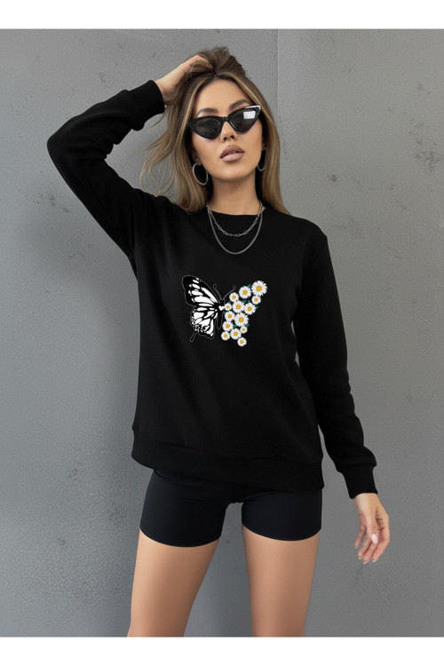 Unisex Papatya Kelebek Baskılı Tasarım Oversize Sweatshirt
