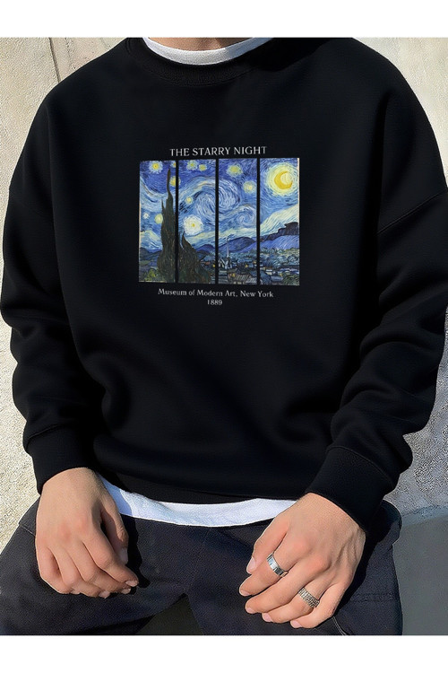 Unisex The Starry Night Baskılı Oversize Sweatshirt