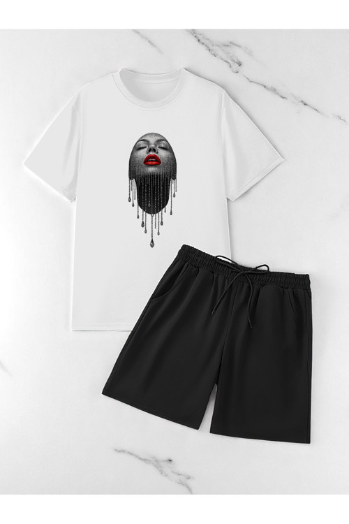 Unisex Pırlantalı Kadın Portresi Tasarım Basklı Tshirt Şort Takımı