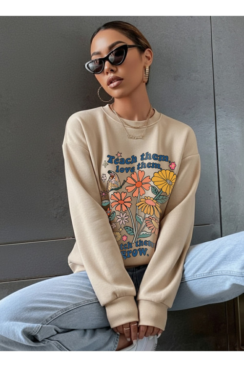 Unisex Teach them love them Baskılı Oversize Bisiklet Yaka Sweatshirt