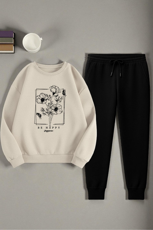 Unisex Kurdele Tasarım Baskılı Bisiklet Yaka Sweatshirt 2'li Eşofman Takımı