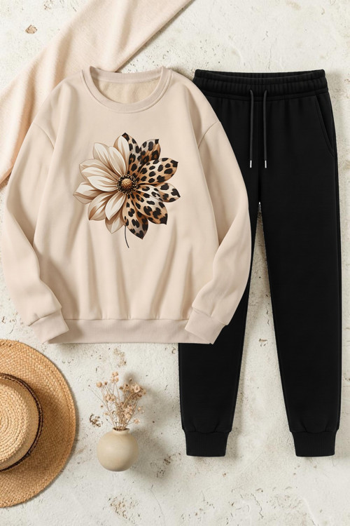 Unisex Leopar Desenli Çicek Tasarım Basklı Bisiklet Yaka Sweatshirt - 2'li Eşofman Takımı