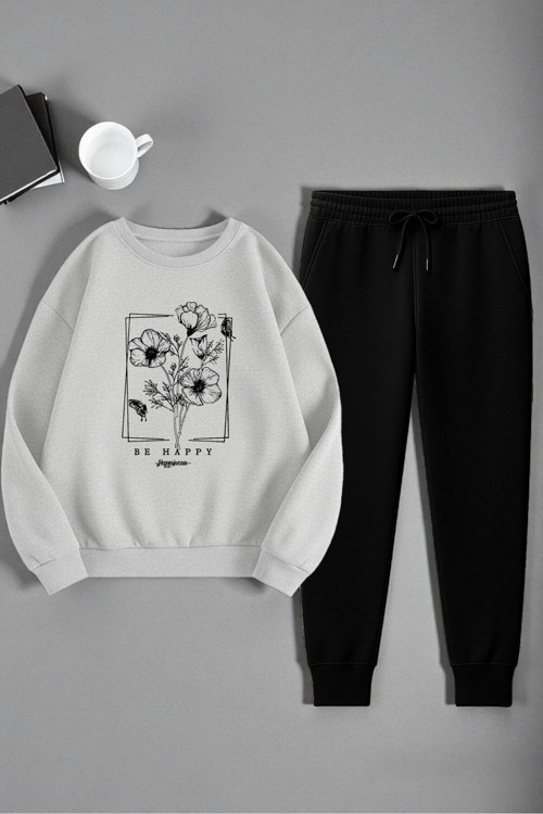 Unisex Kurdele Tasarım Baskılı Bisiklet Yaka Sweatshirt 2'li Eşofman Takımı