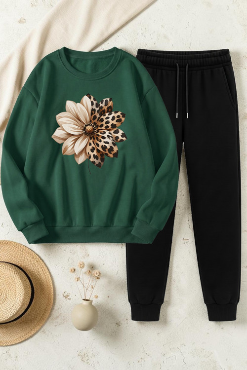 Unisex Leopar Desenli Çicek Tasarım Basklı Bisiklet Yaka Sweatshirt - 2'li Eşofman Takımı