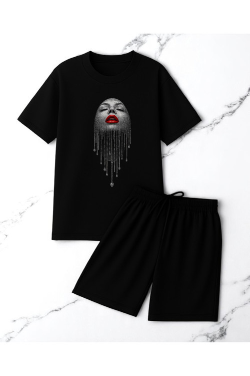 Unisex Pırlantalı Kadın Portresi Tasarım Basklı Tshirt Şort Takımı