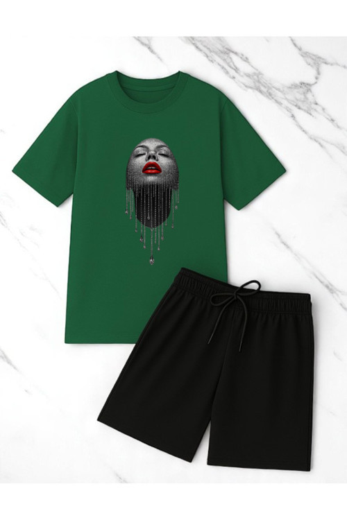 Unisex Pırlantalı Kadın Portresi Tasarım Basklı Tshirt Şort Takımı