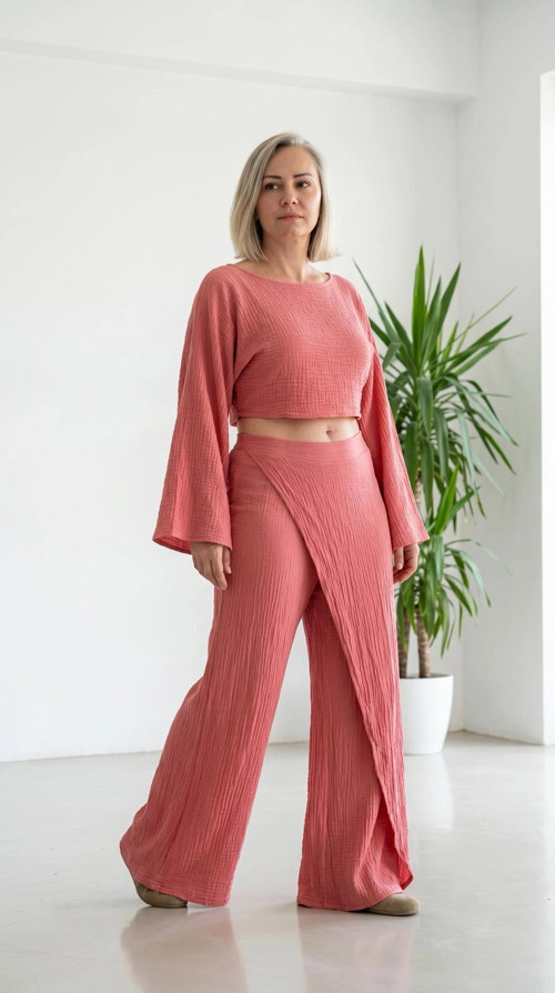 %100 Pamuk, Bürümcük, Etek Kapama Detay Lucia Pantolon (Şeker Pembe)