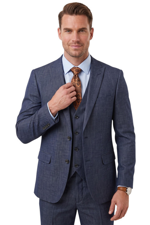 Koyu Lacivert 3 Parça Slim Fit Yelekli Erkek Takım Elbise – Çift Yırtmaçlı Modern Kesim 2601631