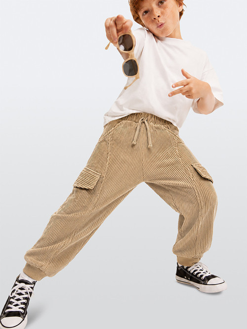 Erkek Çocuk Jogger Pantolon Cepli Fitilli Kadife Bej Kışlık (5-10 Yaş)