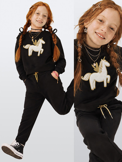 Kız Çocuk Peluş Unicorn %100 Panuk Kalın Siyah Eşofman Takım – Eğlenceli Tasarım (3-8 Yaş)