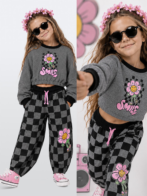 Kız Çocuk Eşofman Takım Crop Sweatshirt - Damalı Bol Eşofman Altı Oversize Kışlık (4-10 Yaş)