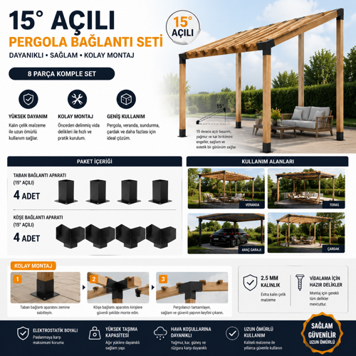 15 Derece Pergola Çardak Sundurma Garaj Kış bahçesi için Metal 90X90X2.5MM _8 Parça Montaj Seti Pergola Braketi