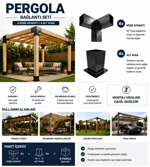 Pergola Seti Çardak Teras Garaj İçin Metal 90X90X2,5 mm pergalo 8parça profil iç ölçüsü 85*85 pergola braketi