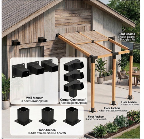 Pergola Seti Çardak Teras Garaj İçin Metal SUNDURMA 90X90X2.5 mm 6 parça Bağlantı Ekipmanı iç ölçü 85x85 mat Pergola Braketi