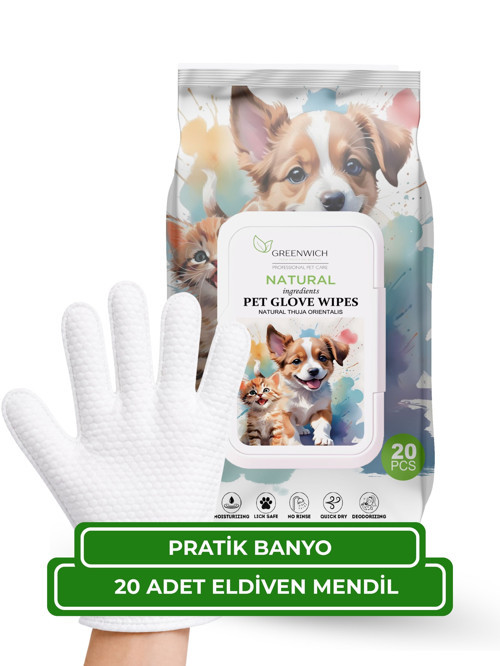 Kedi ve Köpek Eldiven Mendil 20 Adet – Banyoya Alternatif Durulama Gerektirmeyen Temizleme Eldiveni | Vegan Günlük Hijyen ve Bakım