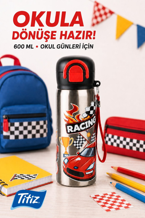 Siply Desenli Paslanmaz Çelik Okul Matarası 600ml