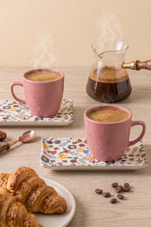 Pembe Keraart Springtime Doğaltaş 2 Kişilik Kahve Sunum Seti - 4 Parça