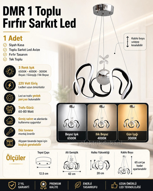 1 Toplu FIRFIR Sarkıt Led Avize SİYAH Kasa Üç Renk 6500k/4000k/3000k (Beyaz /Sarı/Ilık Beyaz (Gü