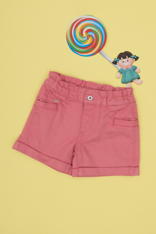 Kız Çocuk Pembe Relax Fit Belden Büzgü Detaylı Jean Şort