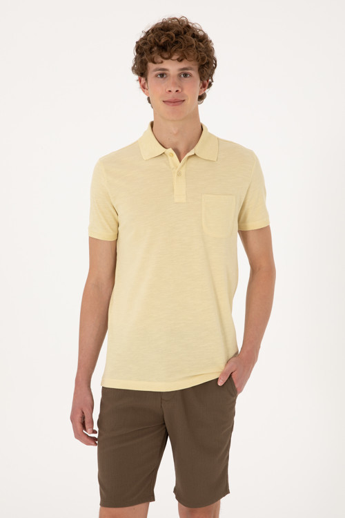 Erkek Slim Fit Dökümlü Polo Yaka Açık Sarı Tişört 50299538-VR183