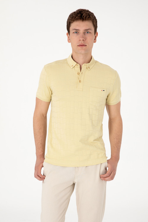 Erkek Slim Fit Polo Yaka Cepli Açık Haki Dokulu Tişört 50300084-VR183