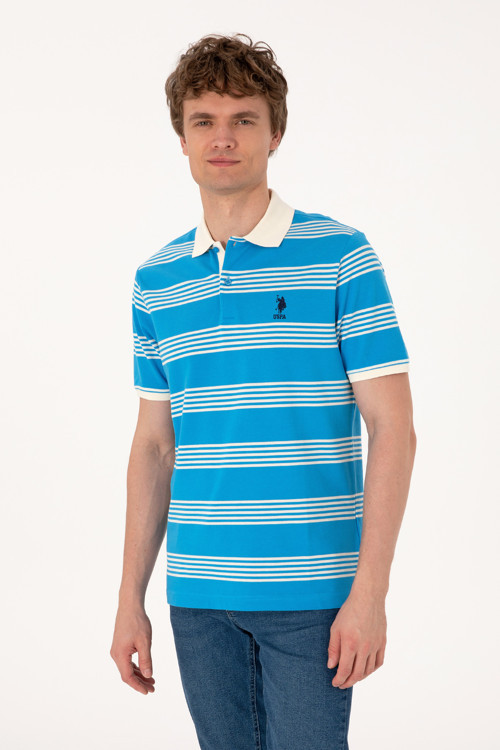Erkek Regular Fit Polo Yaka Turkuaz Çizgili Tişört 50306826-VR093