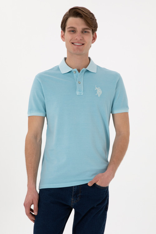 Erkek Slim Fit Polo Yaka Açık Mavi Yıkamalı Basic Tişört 50305995-VR007