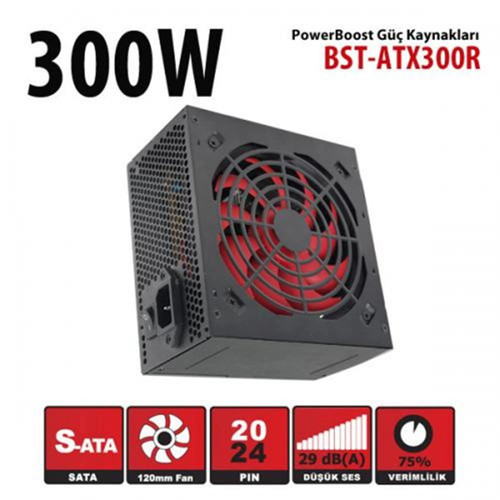 PowerBoost BST-ATX300R 300w, PPFC 12cm Kırmızı Fanlı ATX PSU (Retail Box) Güç Kaynağı (KDO)