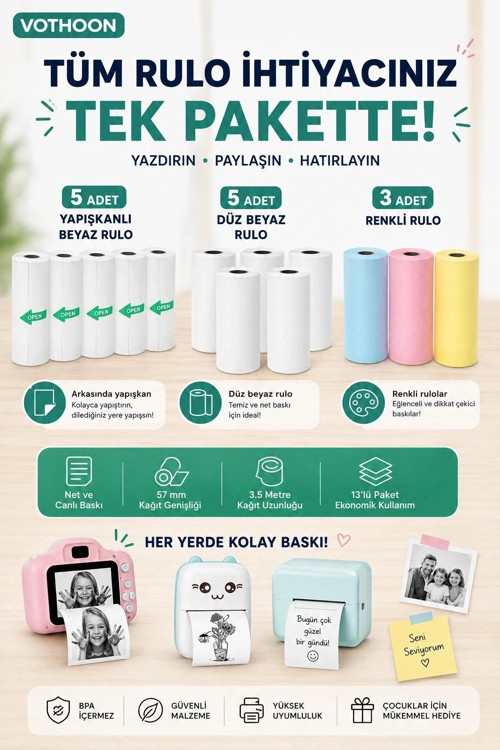 13’lü Mini Yazıcı Termal Rulo Seti Çocuk Kamera Baskı Kağıdı 5 Yapışkanlı 5 Düz Beyaz 3 Renkli