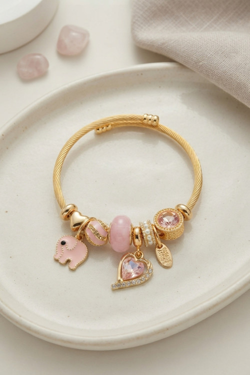 Kalp ve Fil Model Pembe Charmlı Bileklik - EBJ260725W44538