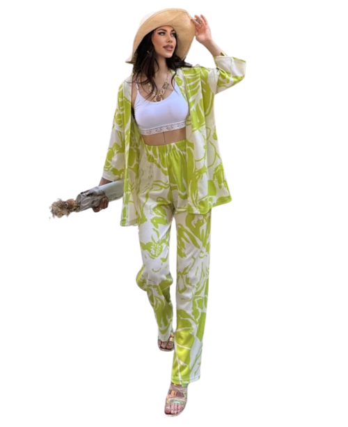 Alt Üst Takım Kimono- Desenli-Yeşil