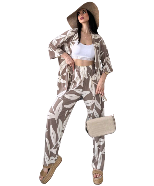 Alt Üst Takım Kimono- Desenli-Kahverengi