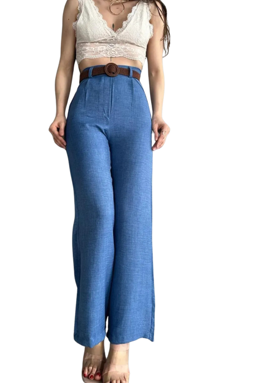 Kemerli Keten Pantolon -MAVİ