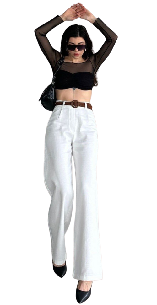 Beli Kemerli Pantolon - BEYAZ
