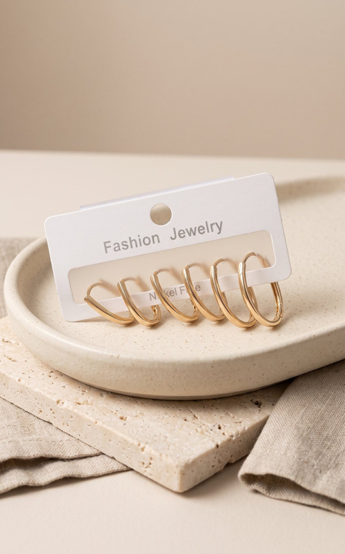 Pirinç Gold Renk İnce Oval Küpe Seti - Lisinya
