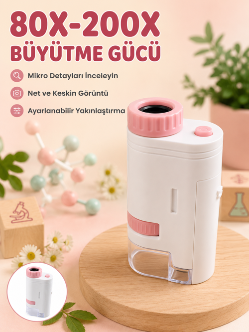 Eğitici Taşınabilir Mikroskop Ayarlanabilir Focus, LED Işık ve 80X-200X Yakınlaştırma - Lisinya