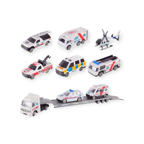 10 Parça Araç Taşıyan Tır Seti - Die Cast - DS047 - Ambulans (Lisinya)
